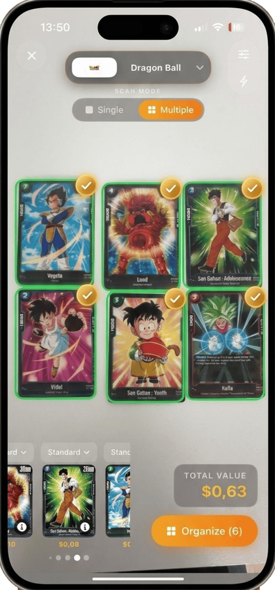 CardFrame multiple-card scan: six Dragon Ball cards on a binder page, each outlined and checkmarked, with a running total value and an Organize (6) button.
