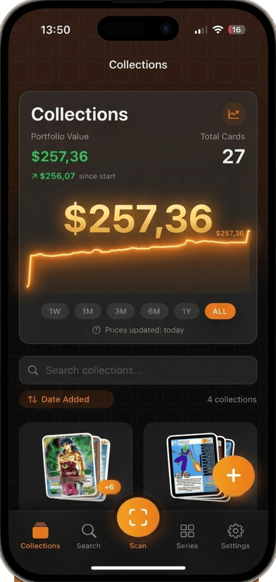 CardFrame collections screen: portfolio value of $257.36 across 27 cards, the change since start, and a price-history chart with 1W, 1M, 3M, 6M, 1Y and ALL ranges.